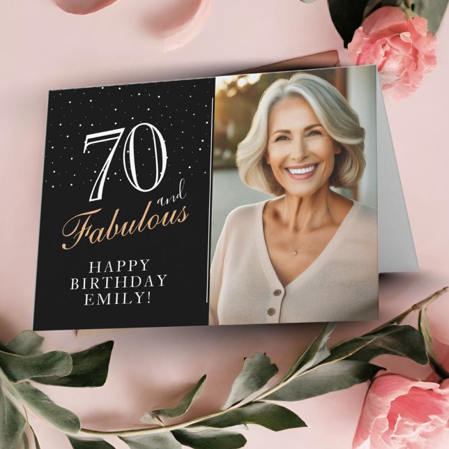 Elegant Black 70 and Fabulous 70th Birthday Photo Card (Creator Uploaded)