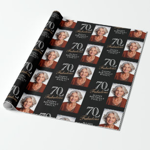 Elegant Black 70 and Fabulous 70th Birthday Photo Wrapping Paper