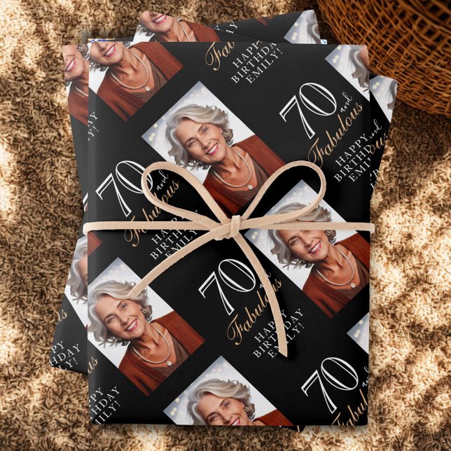 Elegant Black 70 and Fabulous 70th Birthday Photo Wrapping Paper Sheet (Creator Uploaded)