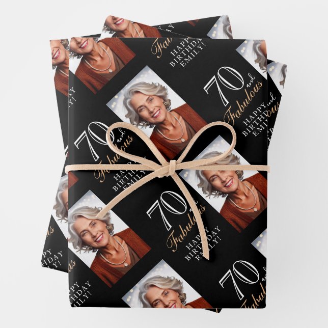 Elegant Black 70 and Fabulous 70th Birthday Photo Wrapping Paper Sheet (In situ)