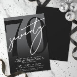 Elegant Black 70th Birthday Party Invitation<br><div class="desc">Celebrate seventy years in style with this modern black and grey 70th birthday party invitation. The design features a large black "70" across most of the card, with a handwritten script-style white "Seventy" layered over it for a bold, contemporary look. The grey background creates an overall black and white effect,...</div>