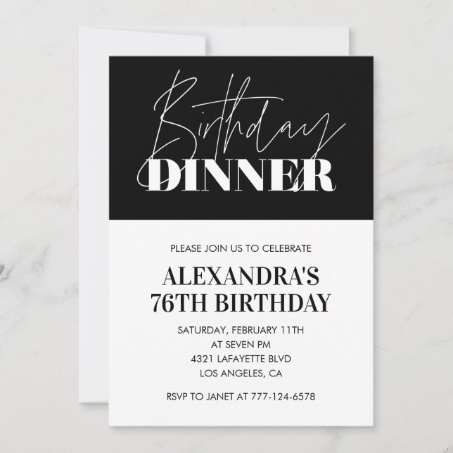 Elegant Black 76th birthday invitations Dinner  (Front)