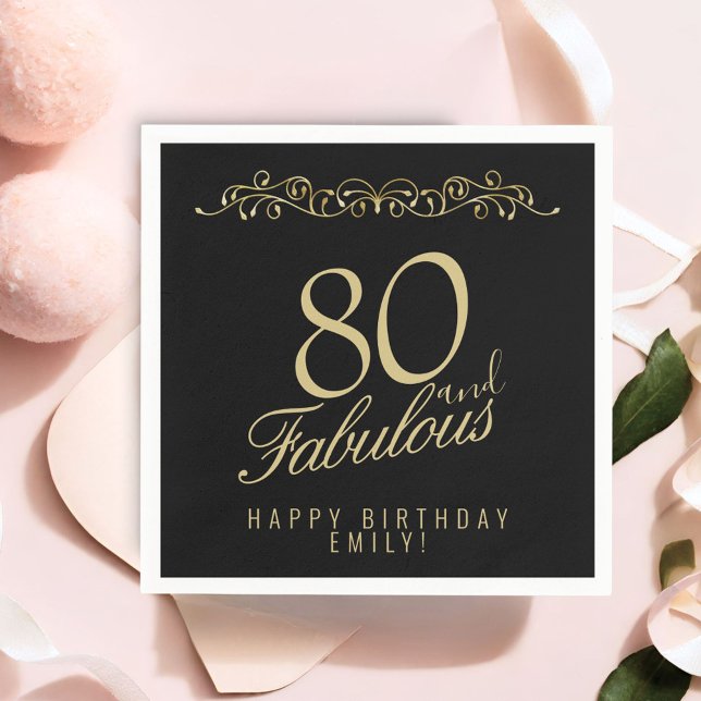 Elegant Black 80 and Fabulous 80th Birthday Napkin (Creator Uploaded)