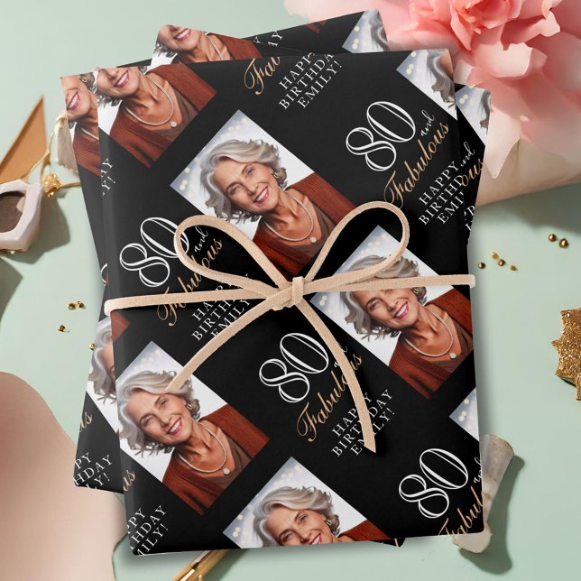 Elegant Black 80 and Fabulous 80th Birthday Photo Wrapping Paper Sheet (Creator Uploaded)
