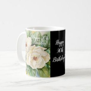 Elegant Black 90th Birthday Magnolia Floral Name Coffee Mug