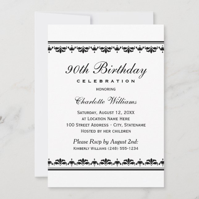 Elegant Black 90th Birthday Party Celebration Invitation (Front)