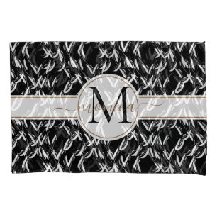 Elegant Black Abstract Floral Gold Monogrammed Pillowcase