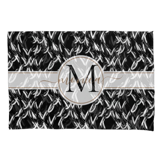 Elegant Black Abstract Floral Gold Monogrammed Pillowcase (Front)
