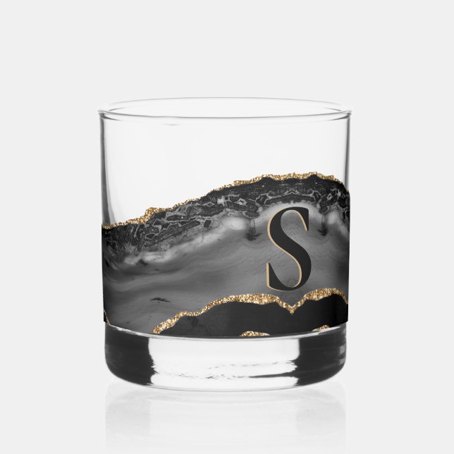Elegant Black Agate Geode Gold Glitter Monogram Whiskey Glass (Left)