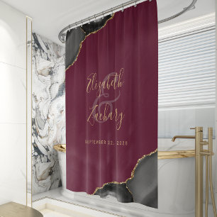 Elegant Black Agate Gold Burgundy Wedding Shower Curtain