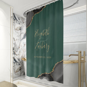 Elegant Black Agate Gold Emerald Green Wedding Shower Curtain