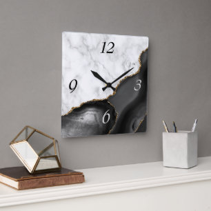 Elegant Black Agate Gold Glitter Marble Square Wall Clock