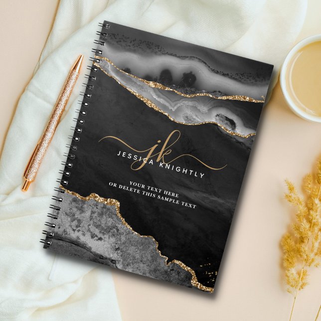 Elegant Black Agate Gold Glitter Script Monogram Notebook (Creator Uploaded)