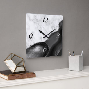 Elegant Black Agate Silver Glitter Marble Square Wall Clock