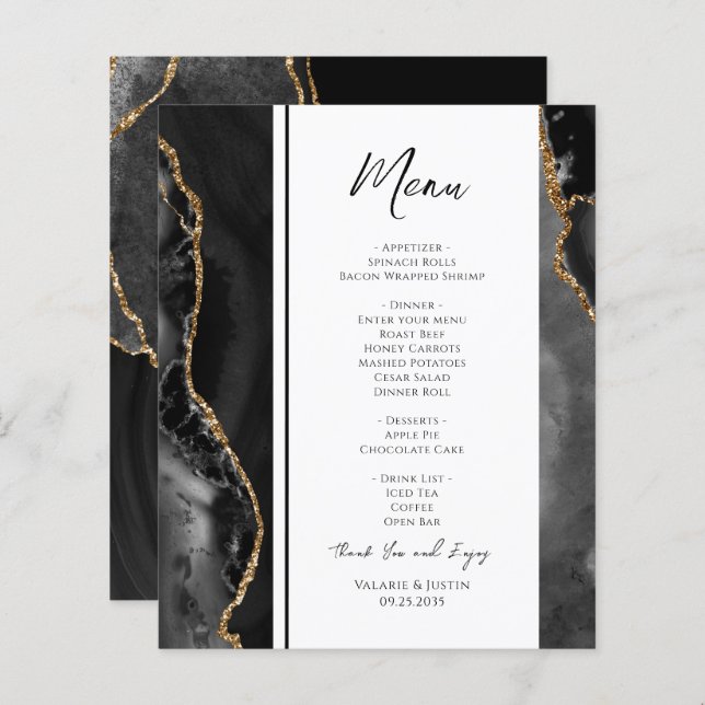 Elegant Black Agate Wedding Menu (Front/Back)