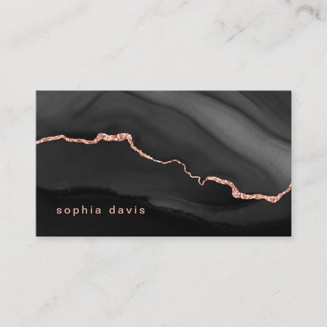 Elegant Black Agate with Faux Rose Gold Business Card (Front)
