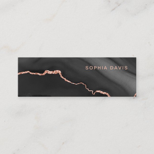 Elegant Black Agate with Faux Rose Gold Mini Business Card (Front)