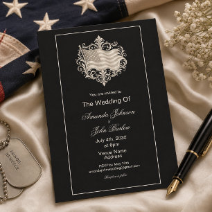 Elegant Black American Flag Military Wedding  Invitation