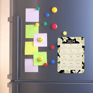 Elegant Black and Beige Floral 2024 Year Calendar Magnet