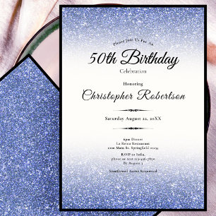 Elegant Black and Blue Glitter 50th Birthday Invitation