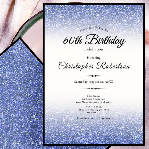 Elegant Black and Blue Glitter 60th Birthday Invitation