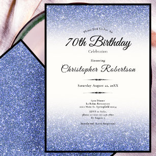 Elegant Black and Blue Glitter 70th Birthday Invitation