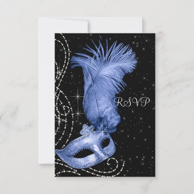 Elegant Black and Blue Masquerade Party RSVP (Front)