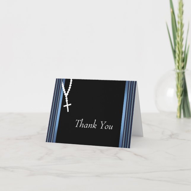 Elegant Black and Blue Rosary Thank You Cards (Front)