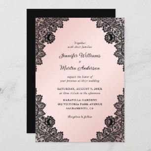 Elegant Black and Blush Pink Floral Lace Wedding Invitation
