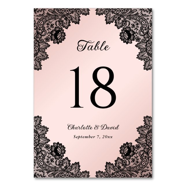 Elegant Black and Blush Pink Floral Lace Wedding Table Number (Front)