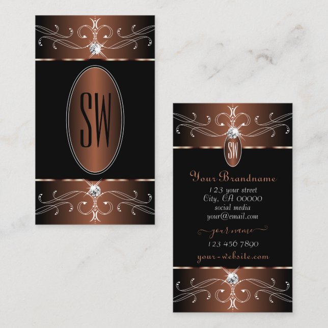 Elegant Black and Brown Ornate Ornaments Monogram Business Card (Front/Back)