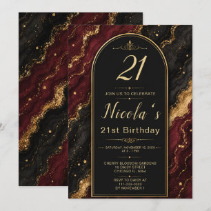 Elegant Black and Burgundy Red 21st Party Invitation