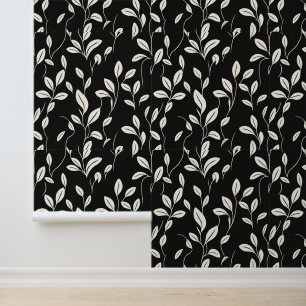Elegant Black and Cream Leaf Pattern Wallpaper