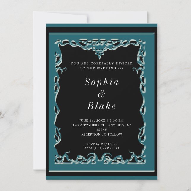 Elegant Black and Dark Green Art Deco Wedding Invitation (Front)