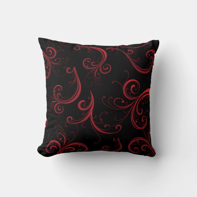 Elegant Black and Deep Red Floral Pattern Cushion (Front)