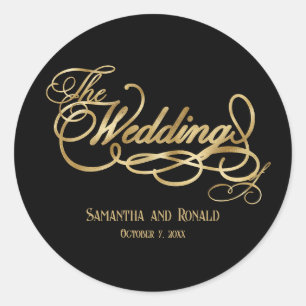 Elegant Black and Faux Gold Calligraphy Wedding Classic Round Sticker