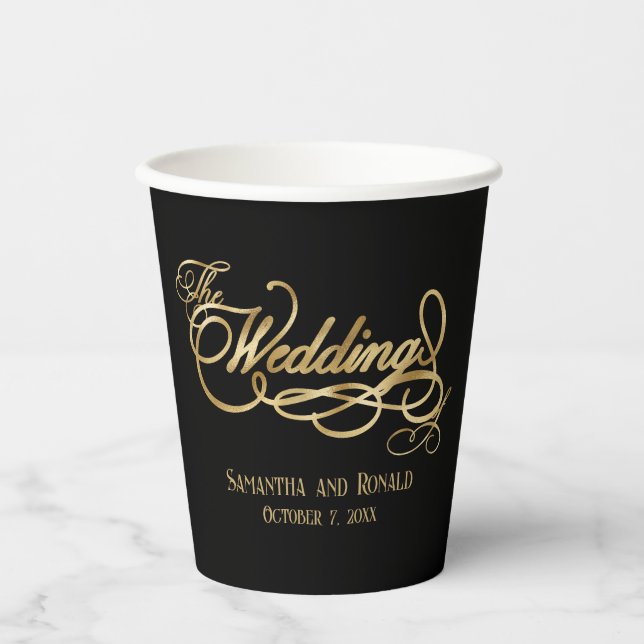 Elegant Black and Faux Gold Calligraphy Wedding  Paper Cups (Front)