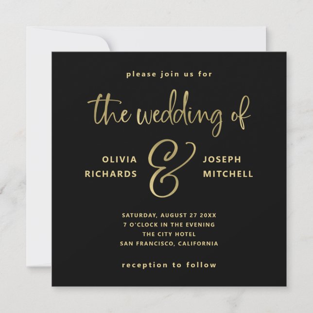 Elegant Black and Faux Gold Wedding Invitation (Front)
