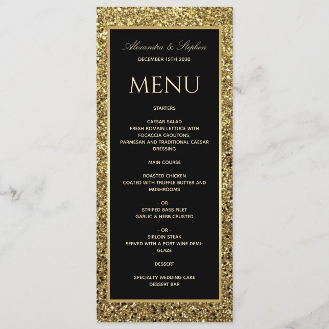 Elegant Black and Glitter Gold Wedding Menu (Front)