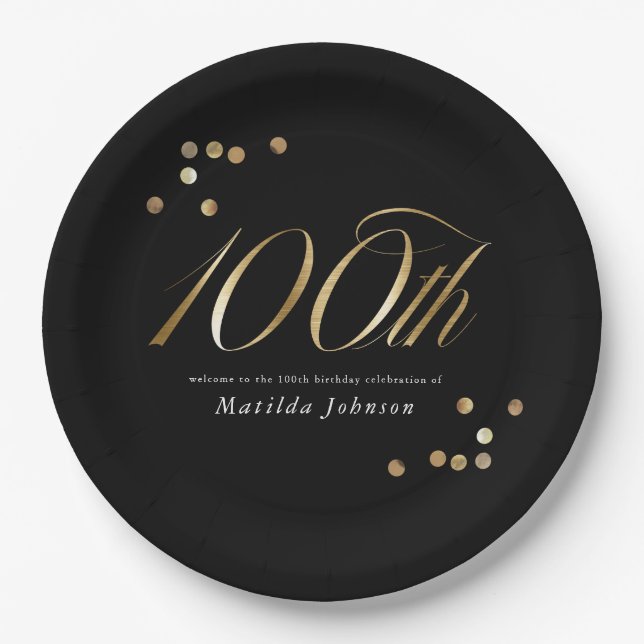 Elegant Black and Gold 100th Birthday Party Paper Plate (Front)