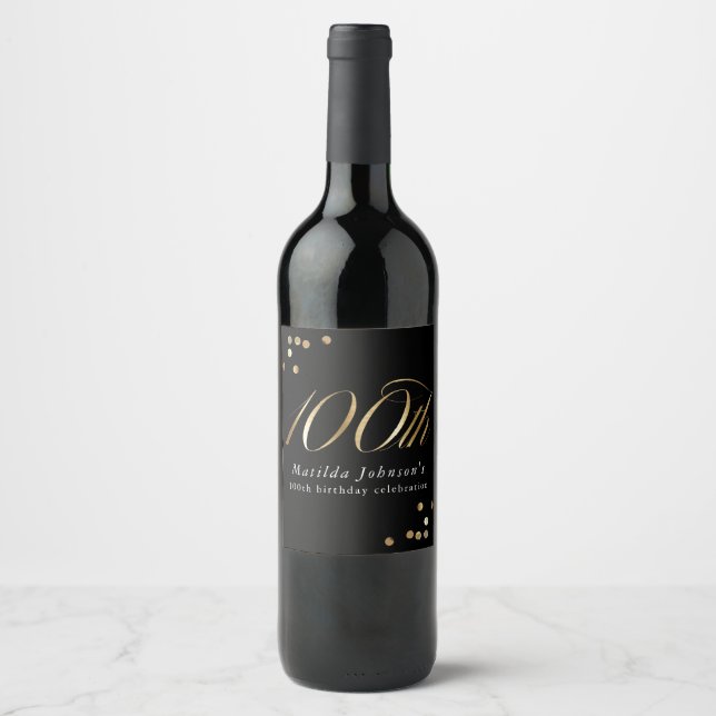Elegant Black and Gold 100th Birthday Party Wine Label (Front)