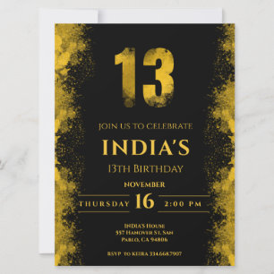 Elegant Black And Gold 13th birthday invitation