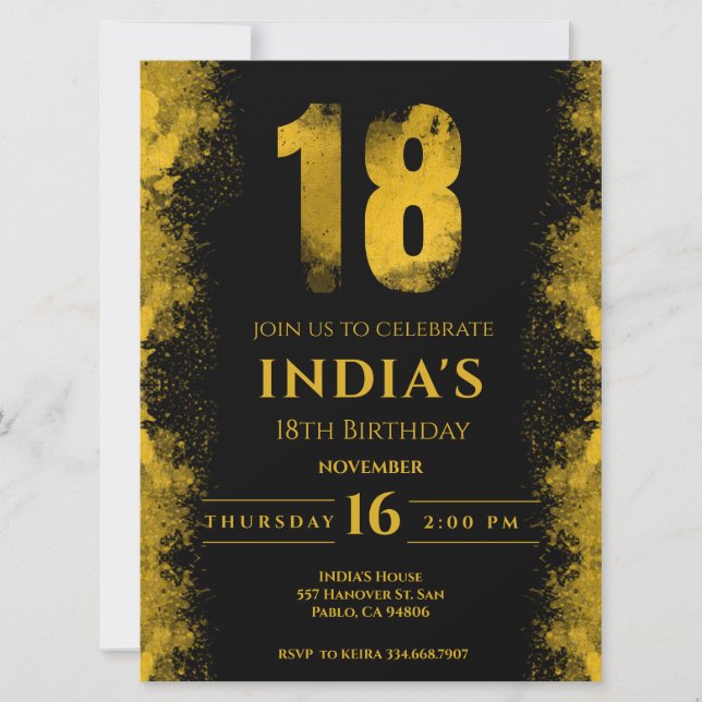 Elegant Black And Gold 18th Birthday Party Invitation (Front)