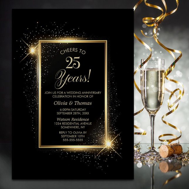 Elegant Black and Gold 25th Wedding Anniversary Invitation (Creator Uploaded)