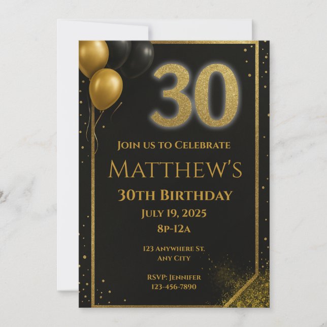 Elegant Black and Gold 30th Birthday Invitation (Front)