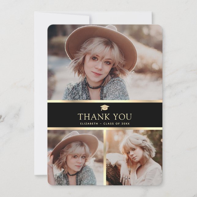 Elegant Black and Gold 4 Photo Graduation Thank You Card (Front)