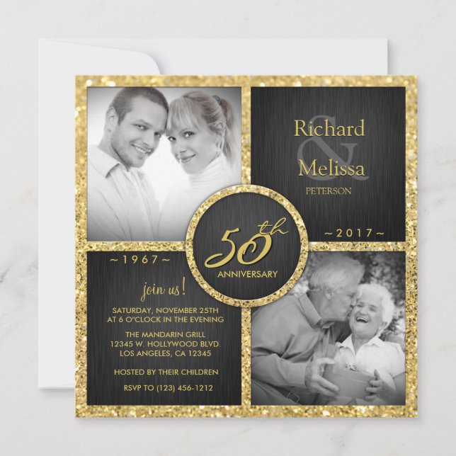 Elegant Black and Gold 50th Wedding Anniversary Invitation (Front)