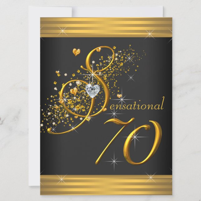 Elegant Black and Gold 70th Birthday Party Invitation (Front)
