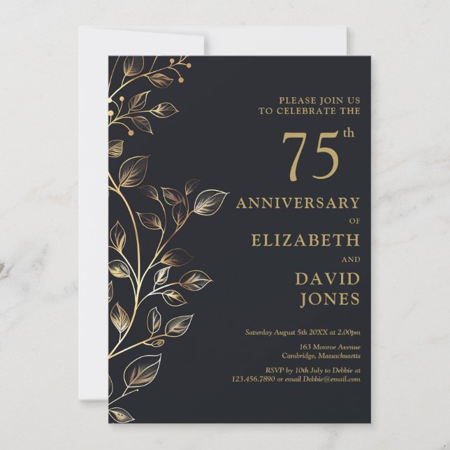 Elegant Black And Gold 75th Wedding Anniversary Invitation (Front)