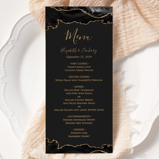 Elegant Black and Gold Agate Dark Wedding Menu (Creator Uploaded)